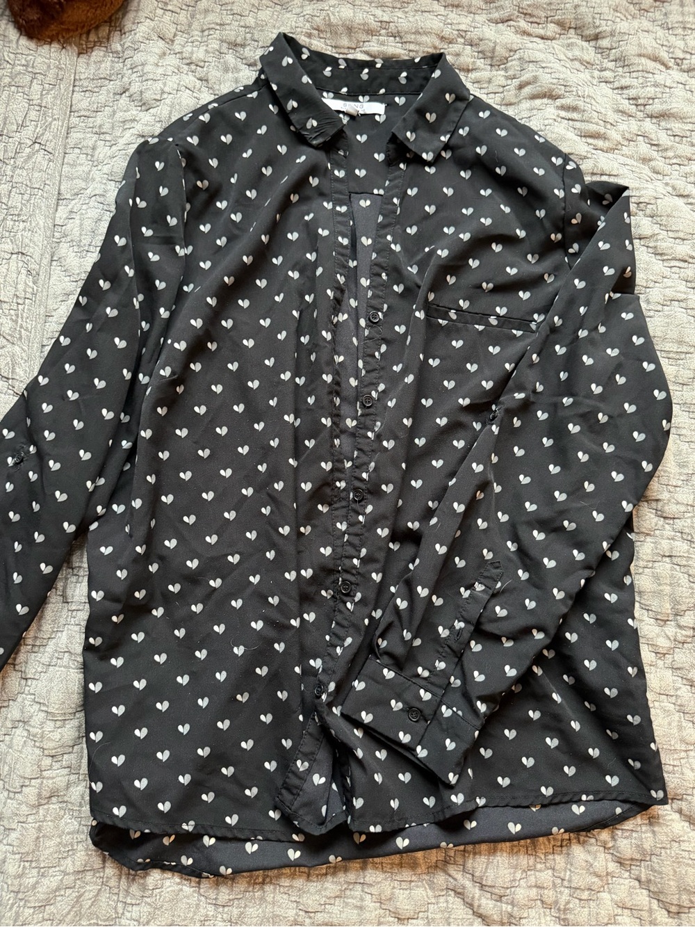 ALFRED SUNG Black Button-Down Shirt with White Heart Print